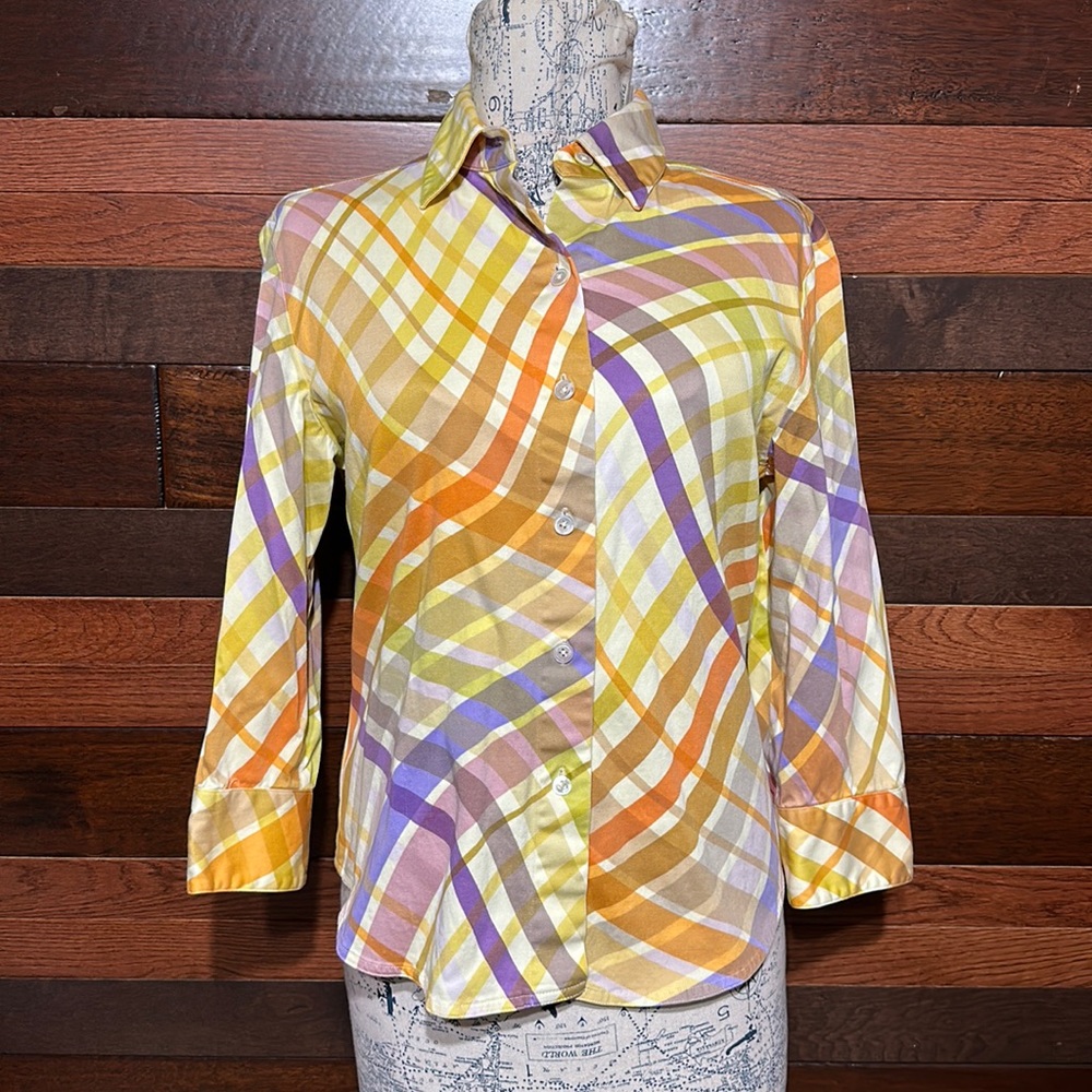 Linda Allard Ellen Tracy Collared Long Sleeve Multi Colored Button Down Blouse